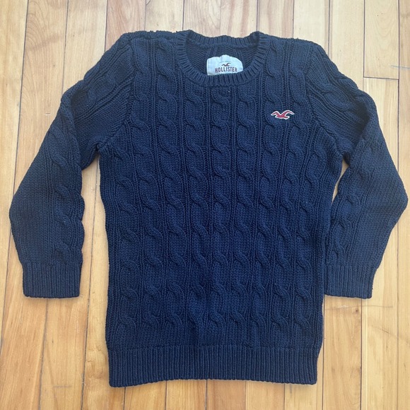 Hollister Navy Blue Cable Knit Crewneck Sweater Medium Embroidered Logo - Picture 6 of 6